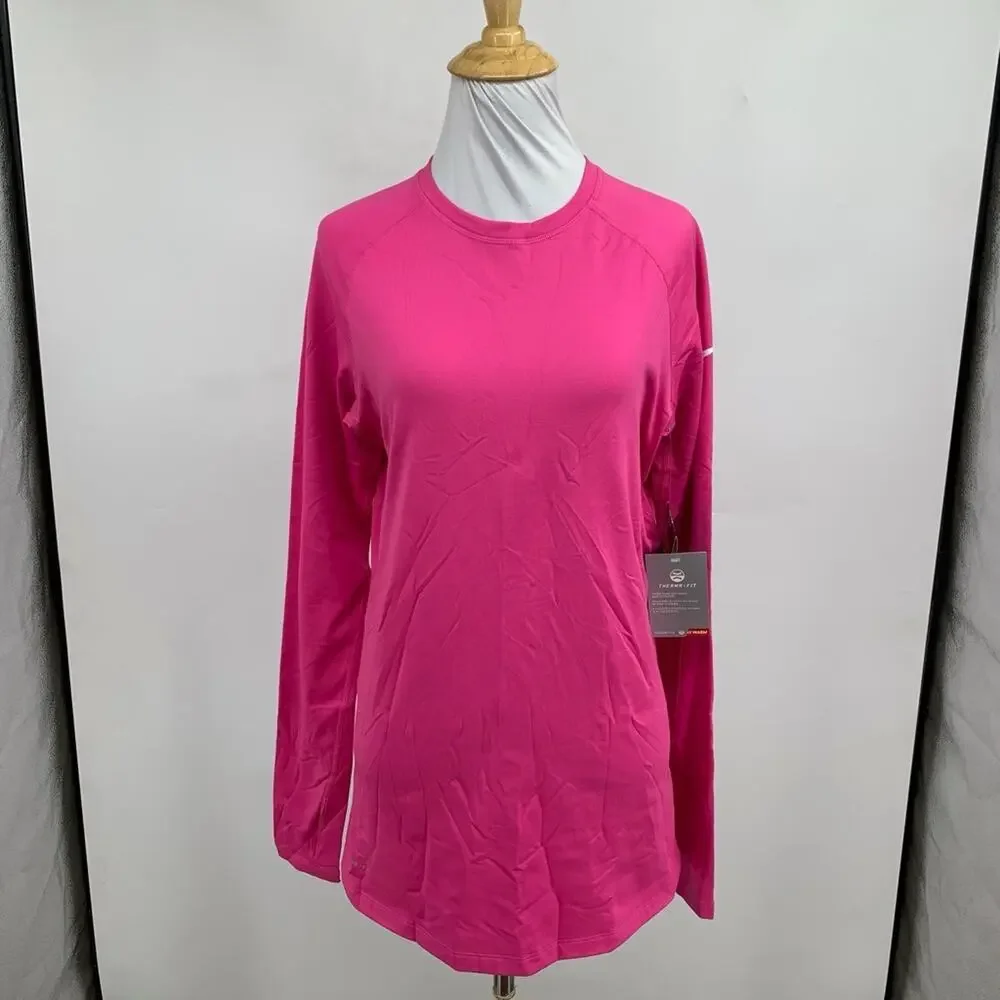 Nike Top Womens L Large Pink Therma Fit Pro Combat Fitted DriFit Fleece Lined